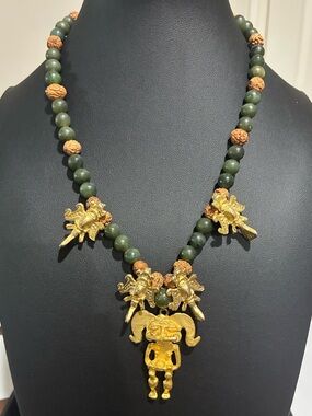 RARE Vintage signed Hobe’ Aztec Figural Natural gemstones necklace